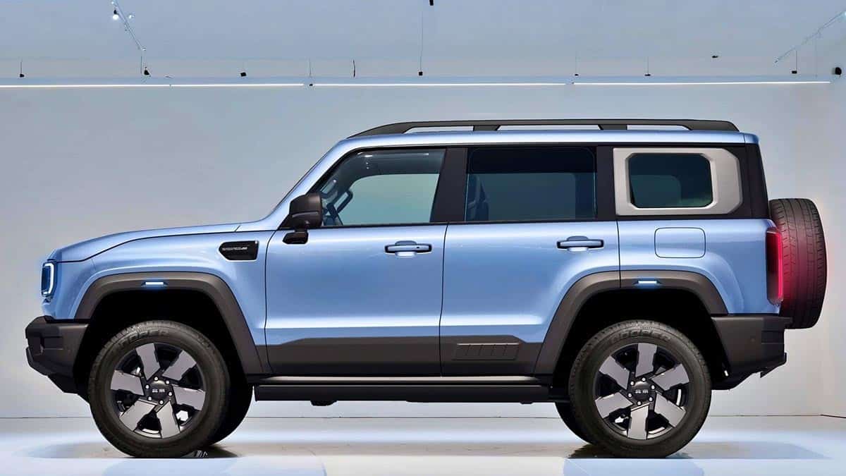 Santana BJ40 off-roader in profile with all-terrain tires and boxy body