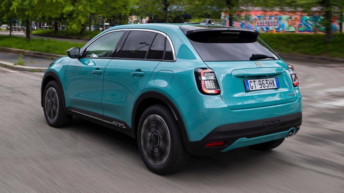 Rear of the 2025 Fiat 600 Hybrid with horizontal taillights and compact hatchback