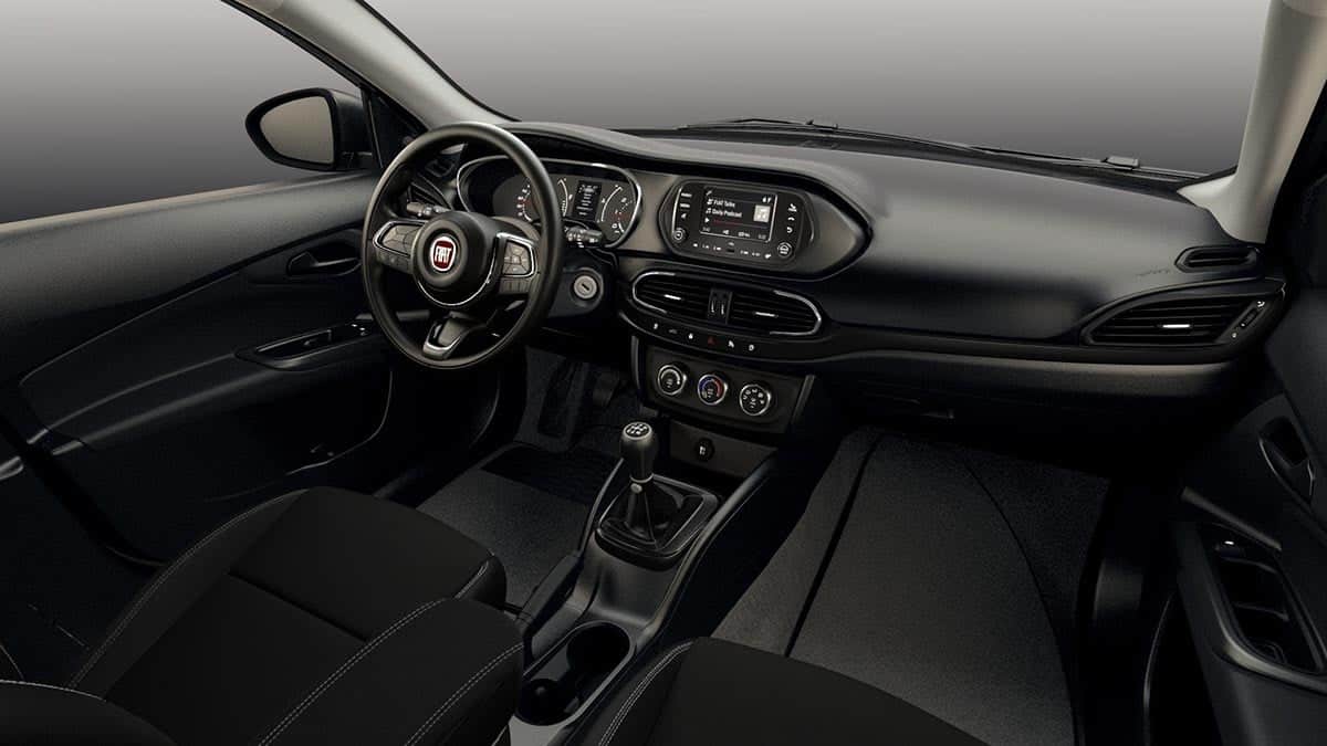 Interior of the Fiat Tipo City trim with central touchscreen and classic instrumentation