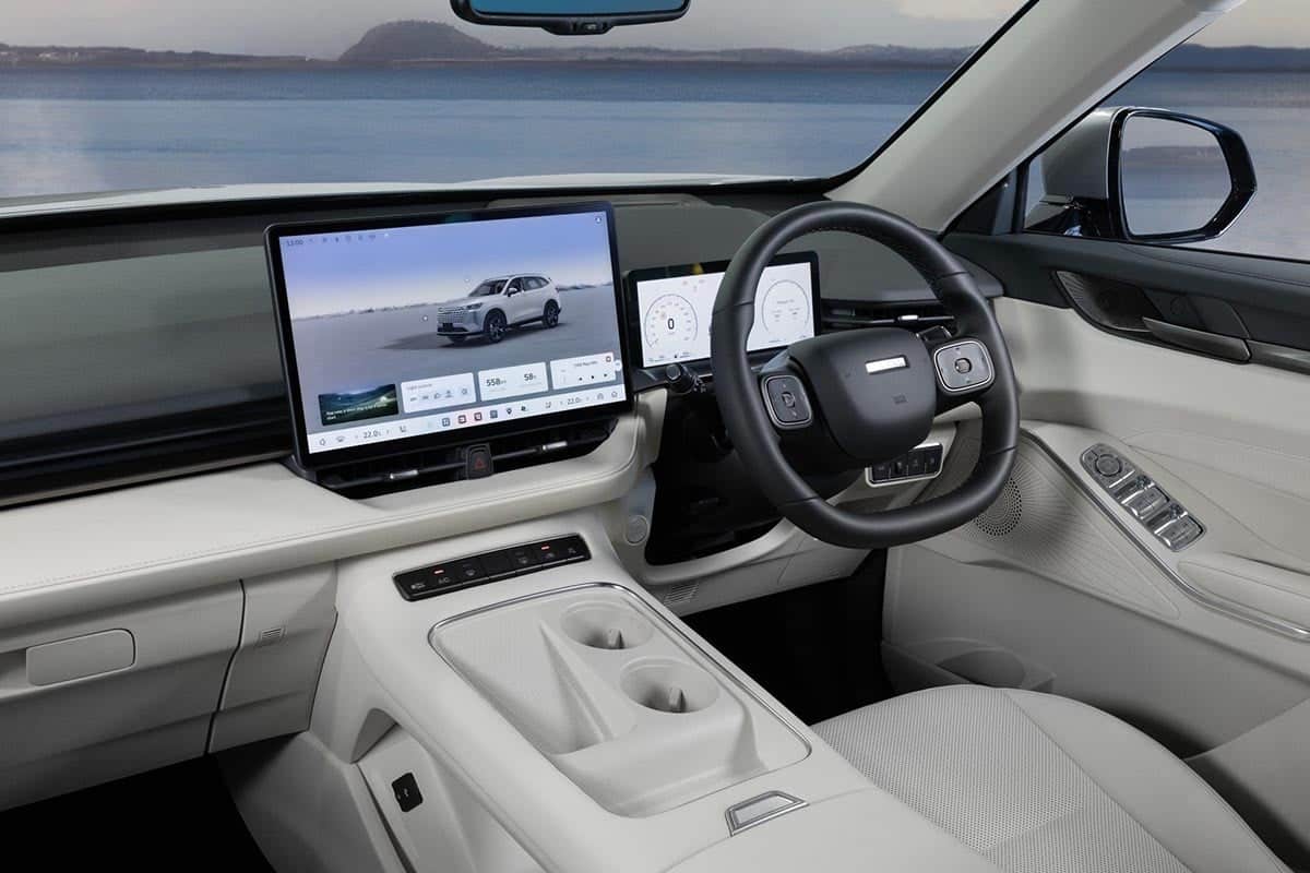 Interior of the Haval H6 HEV with central touchscreen and multifunction steering wheel