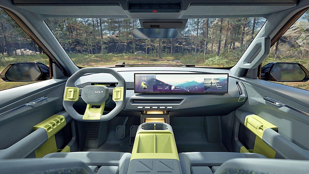 Kia EV5 interior with dual digital screen and lounge atmosphere