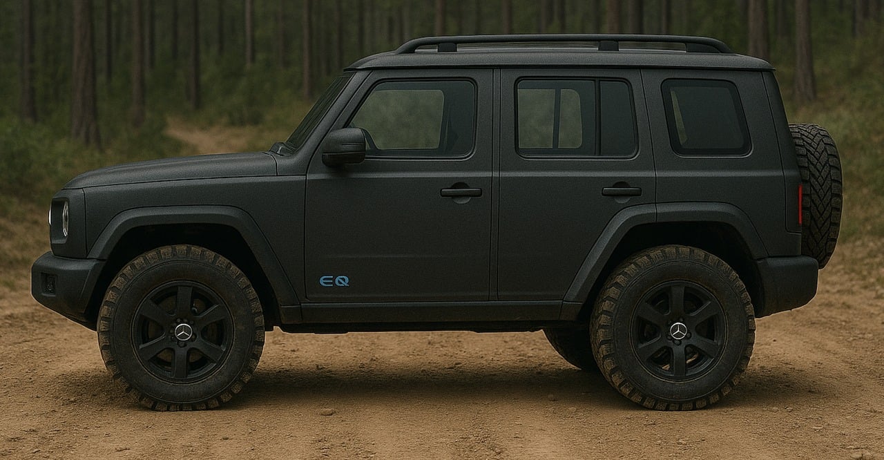 Profile of the 2026 Mini Mercedes G-Class electric with compact cubic silhouette and elevated ground clearance