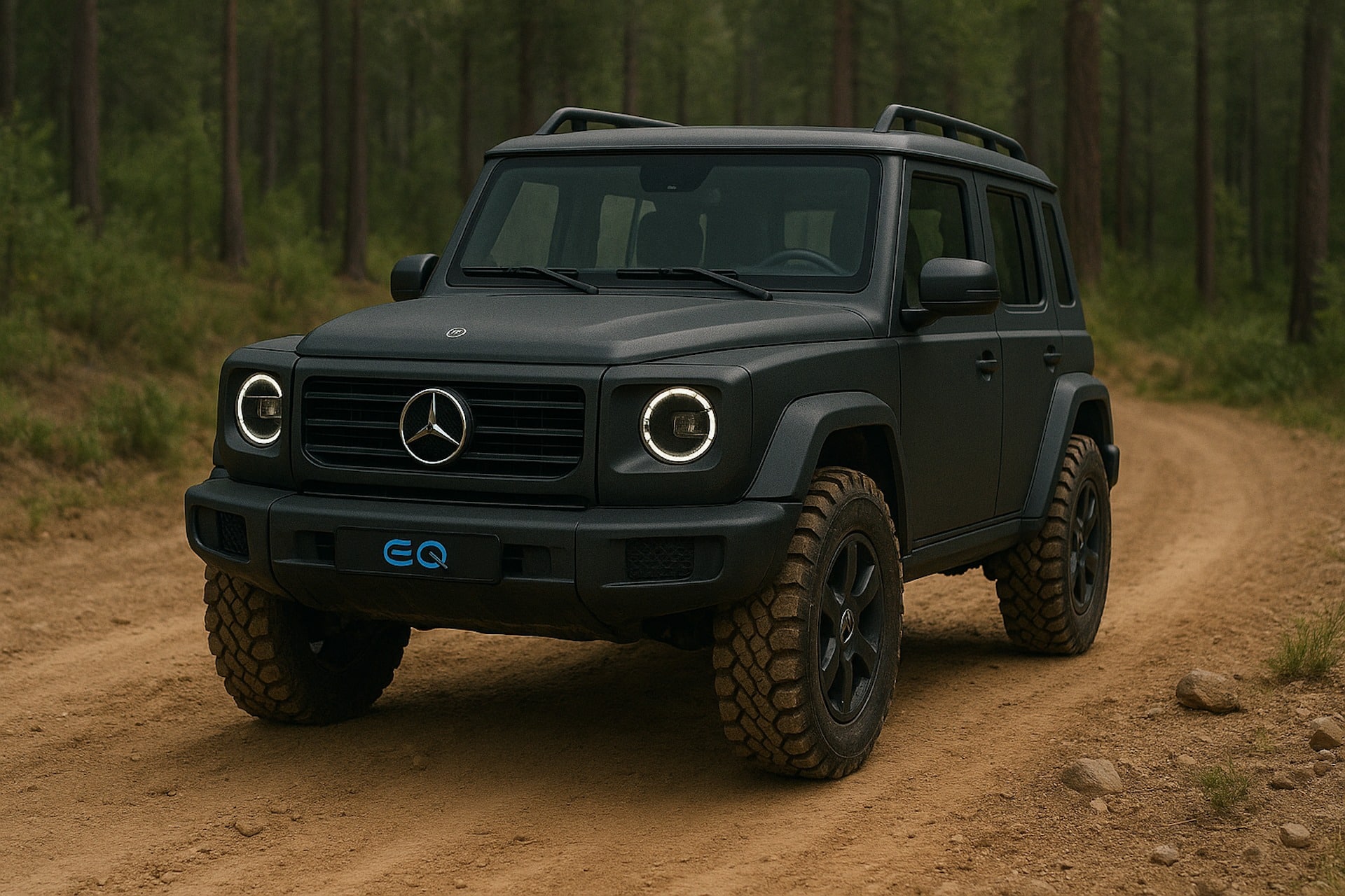 Front view of the 2026 Mini Mercedes G-Class electric with vertical grille and iconic round headlights