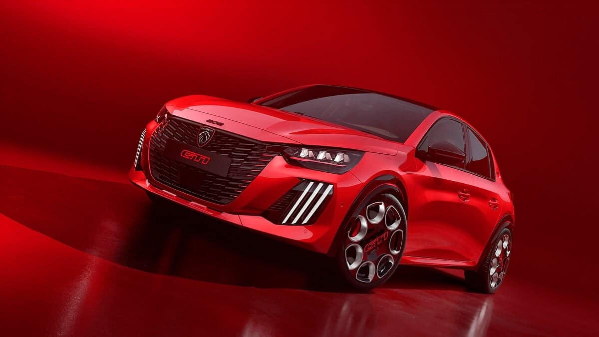 New 2025 Peugeot e-208 GTI front view with sporty grille and three-claw light signature