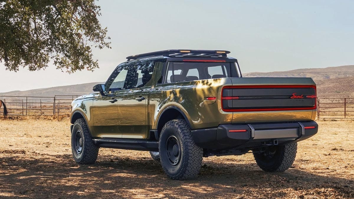 Rear of electric Scout pickup with open bed and rugged design that could inspire a future Audi