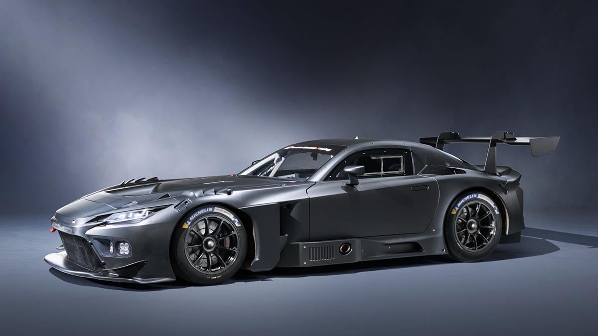 Profile view of a Toyota GR GT GT3 featuring aggressive fender flares and racing aerodynamic elements