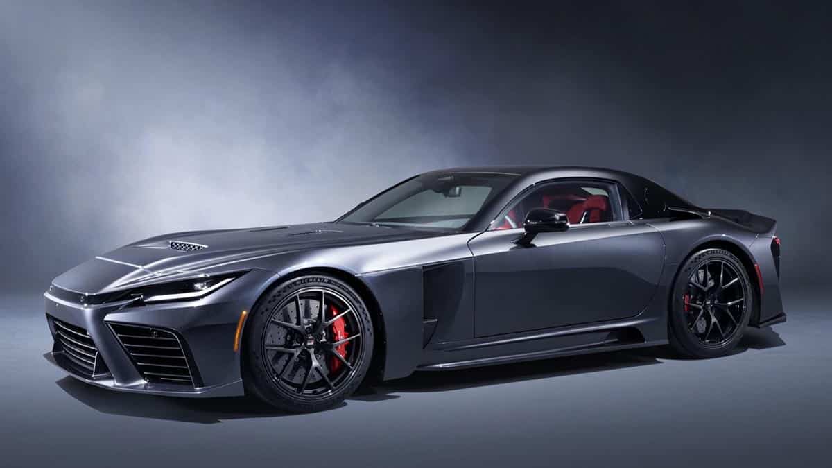 Side profile of the 2025 Toyota GR GT hybrid with low lines and an elongated hood