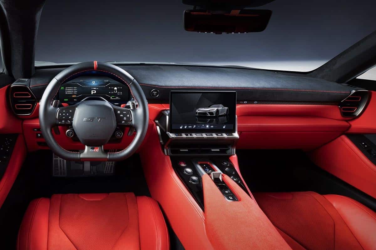 Toyota GR GT road interior with bucket seats, physical controls and sport steering wheel
