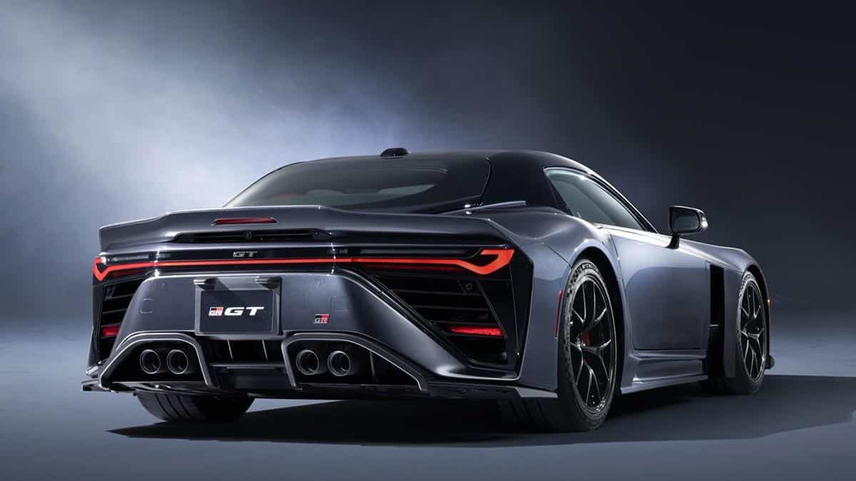 Rear view of the Toyota GR GT hybrid road car with carbon diffuser and slim LED taillights