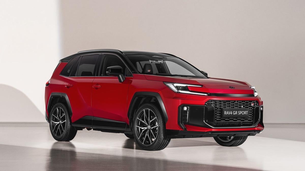 Front face of the 2026 Toyota RAV4 GR Sport with black grille and muscular design