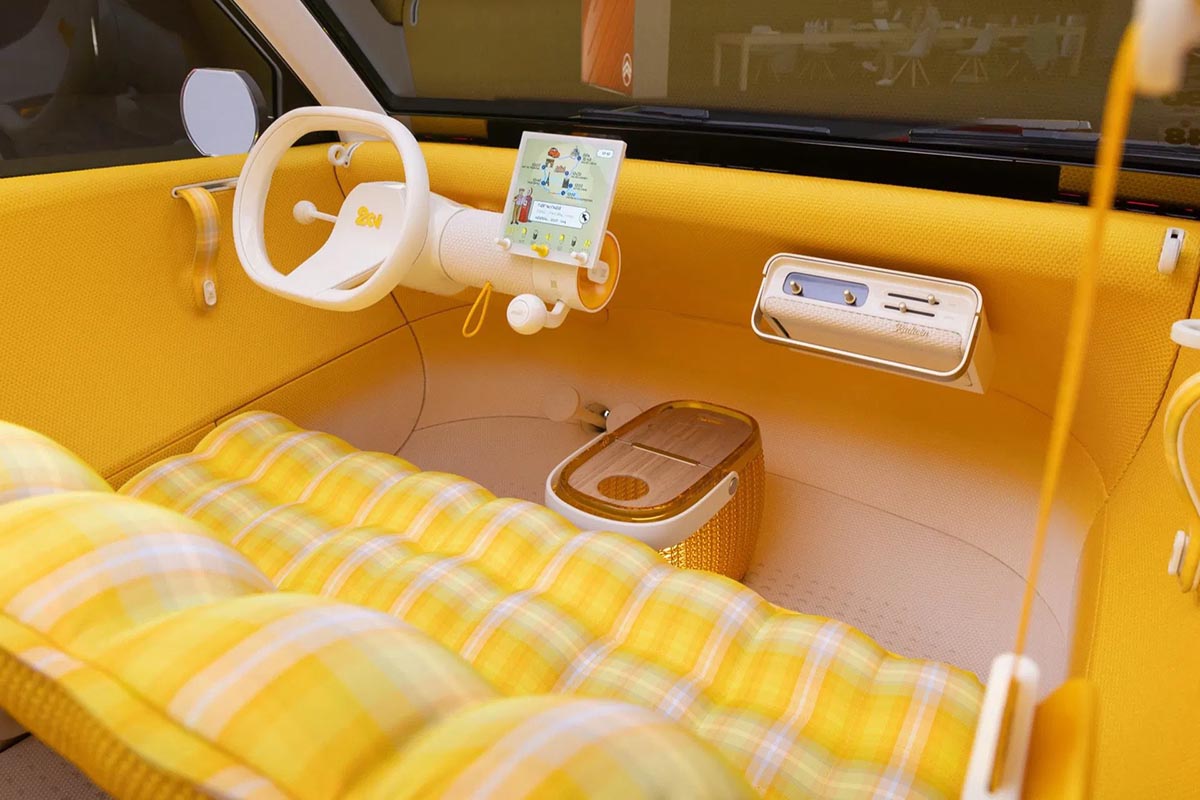 Citroën 2CV Concept dashboard with a single-spoke steering wheel and a square central display