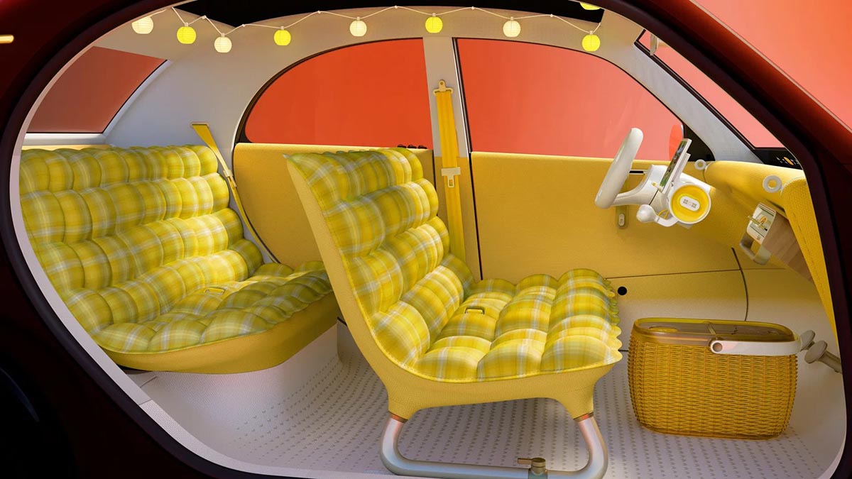 Citroën 2CV Concept interior featuring bench seats, a single-spoke steering wheel and a minimalist dashboard.