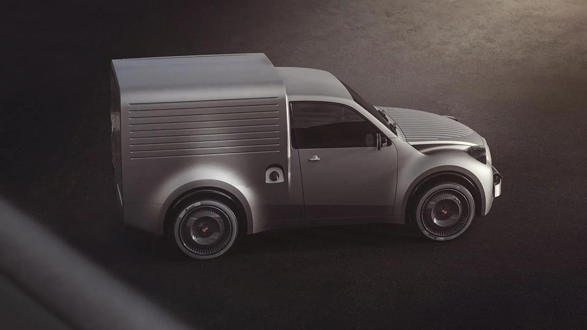 Gray Citroën 2CV Fourgonnette Concept shown from the side, featuring a raised rear cargo compartment.