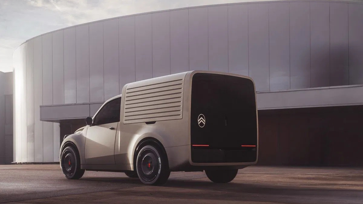 Rear view of the gray Citroën 2CV Fourgonnette Concept with its tall cargo body and double rear doors.